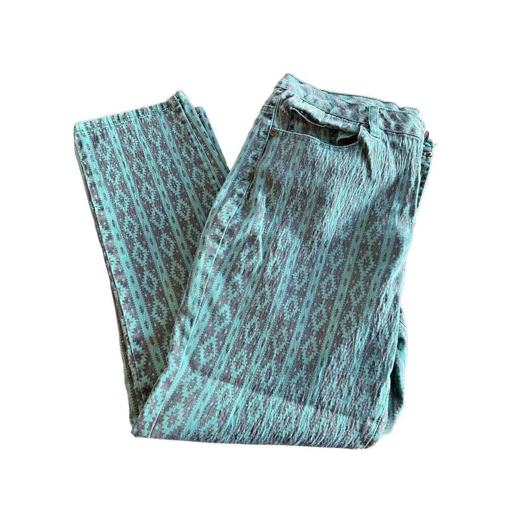 DG2 Diane Gilman Women Denim Pants Stretch Aztec Cutout Green Size 12